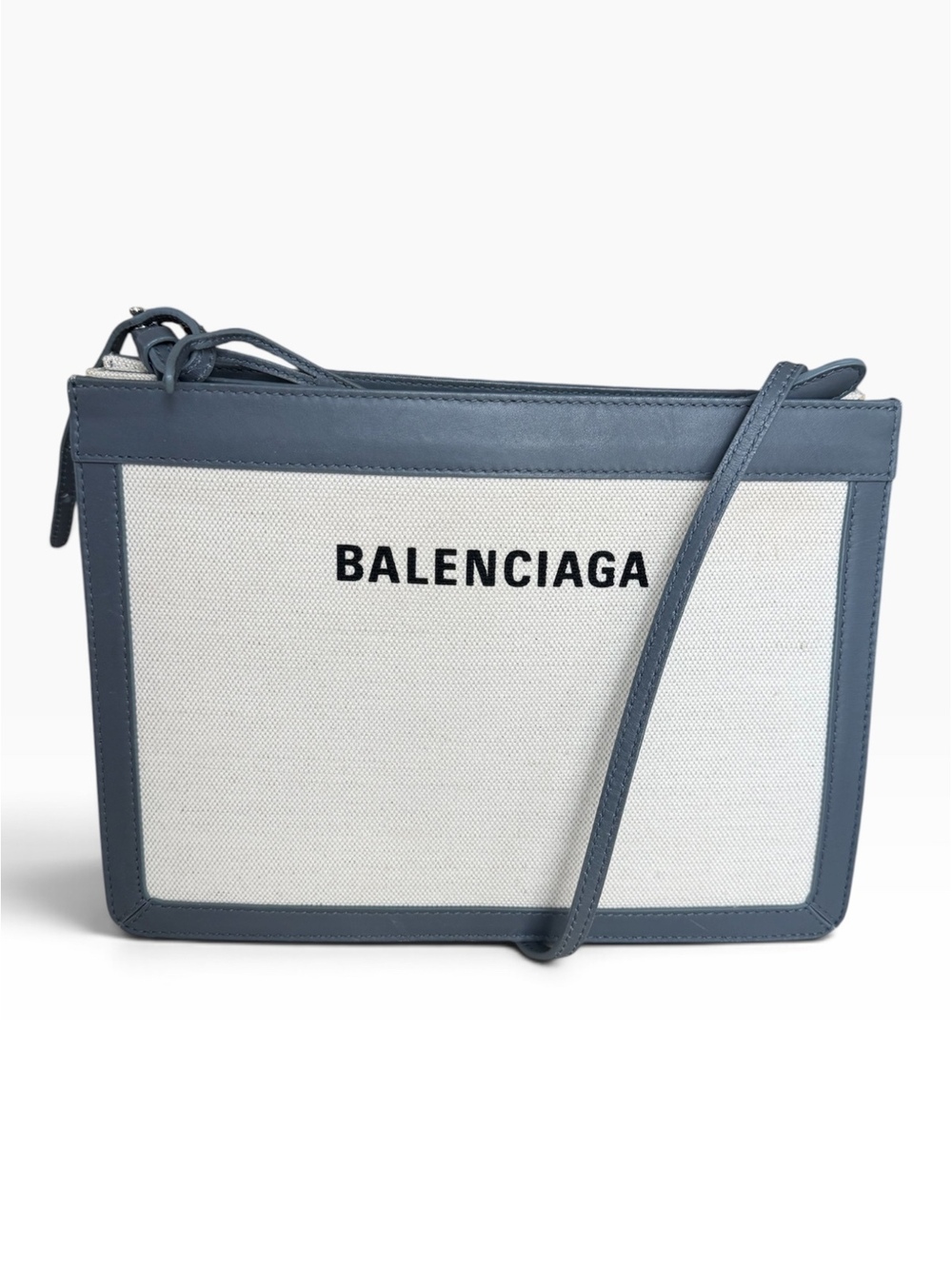 Authentic Balenciaga Navy Pochette Crossbody Bag Canvas Leather Blue Grey Trim